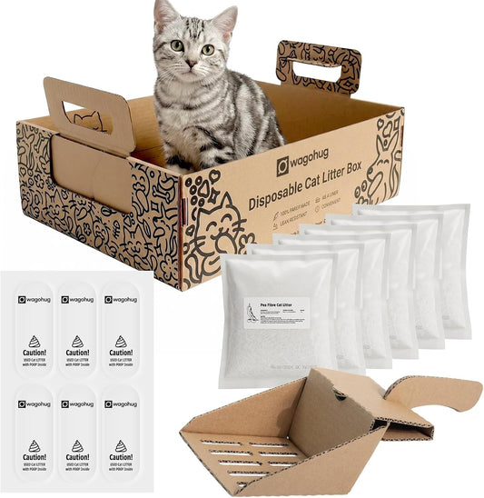 Cat Litter Travel Kit with Flushable Clumping Litter, Foldable Disposable Cardboard Litter Box & Scoop, Portable Cat Travel Essentials for Road Trips, Hotels, Moving & Emergency Use