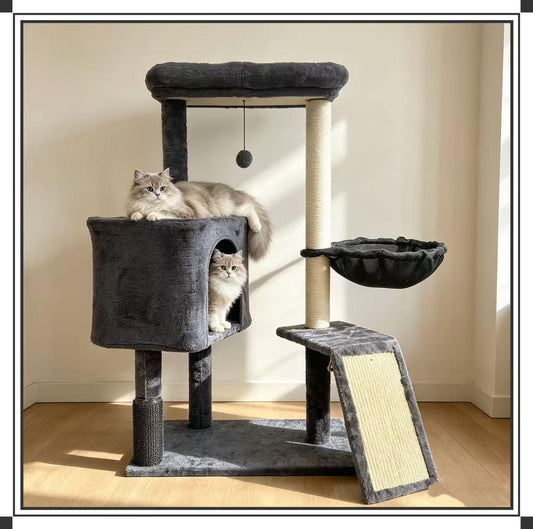 Sturdy Large Cat Tree with Big Cat Condo, Cat Hammock, Sisal Cat Scratching Board, Hanging Toy Ball, Stable Multi Level Cat Tower for Indoor Cats Rest & Play