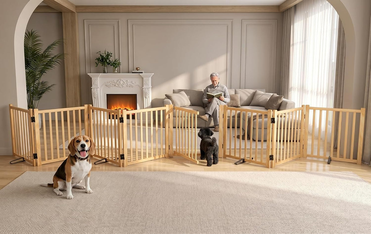 Wooden Freestanding Dog Gate with Door Indoor, 23" H 8 Panels