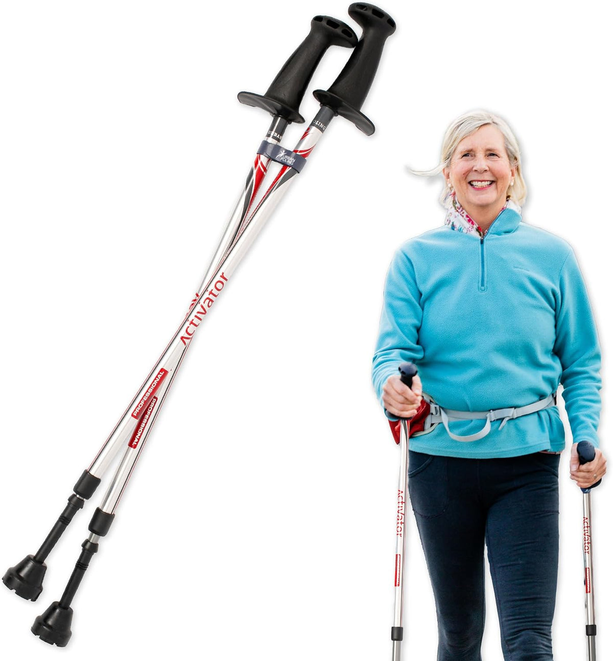 Urban Poling ACTIVATOR® Walking Poles for Balance and Rehabilitation – 1 Pair – Ergonomic Coregrip™ Handles – Adjustable, Collapsible, and Lightweight for Stability and Recovery in Silver/Red