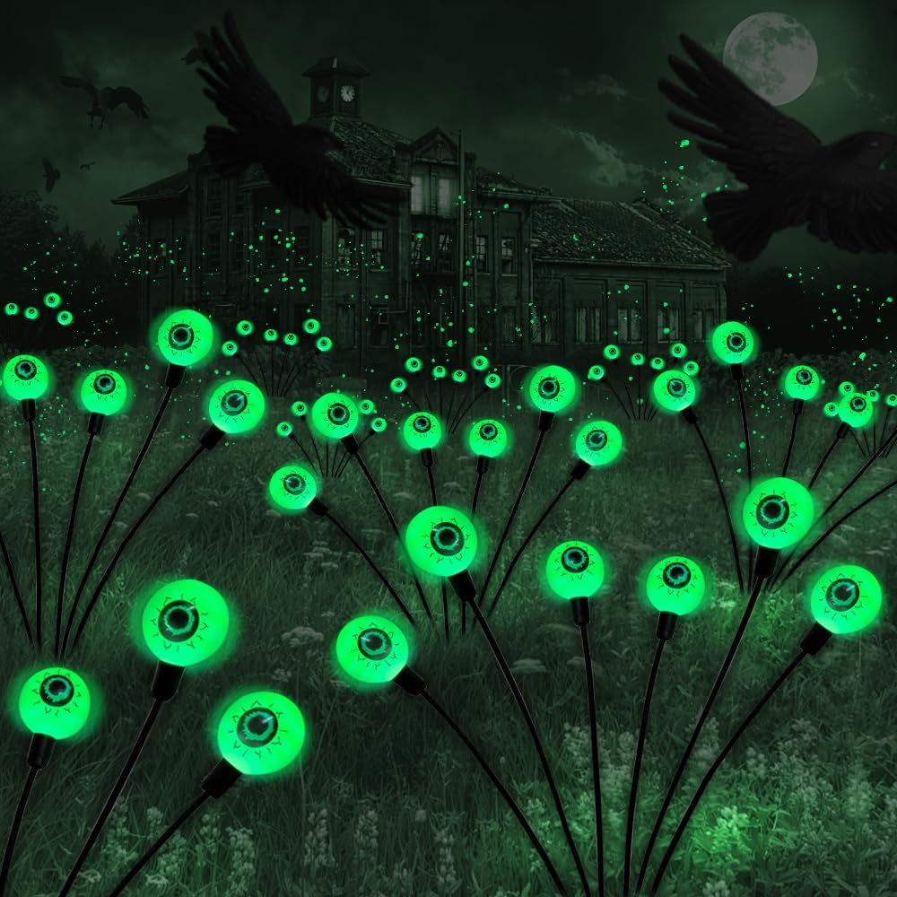 Behiller Halloween Decorations Outdoor Solar Scary Eyeball Lights,2Packs 12LED Green Eyeball Swaying Firefly Lights,Waterproof Solar Halloween Path Lights for Yard/Garden/Lawn/Party Decor