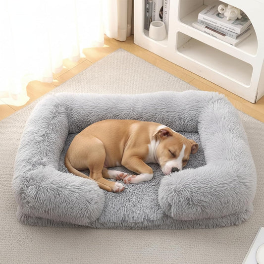 Orthopedic Dog Bed for XXL Dogs - Washable Memory Foam Pet Sofa, Fluffy Plush Rectangular Bed, Waterproof Anti-Anxiety Couch, Light Gray, XXL