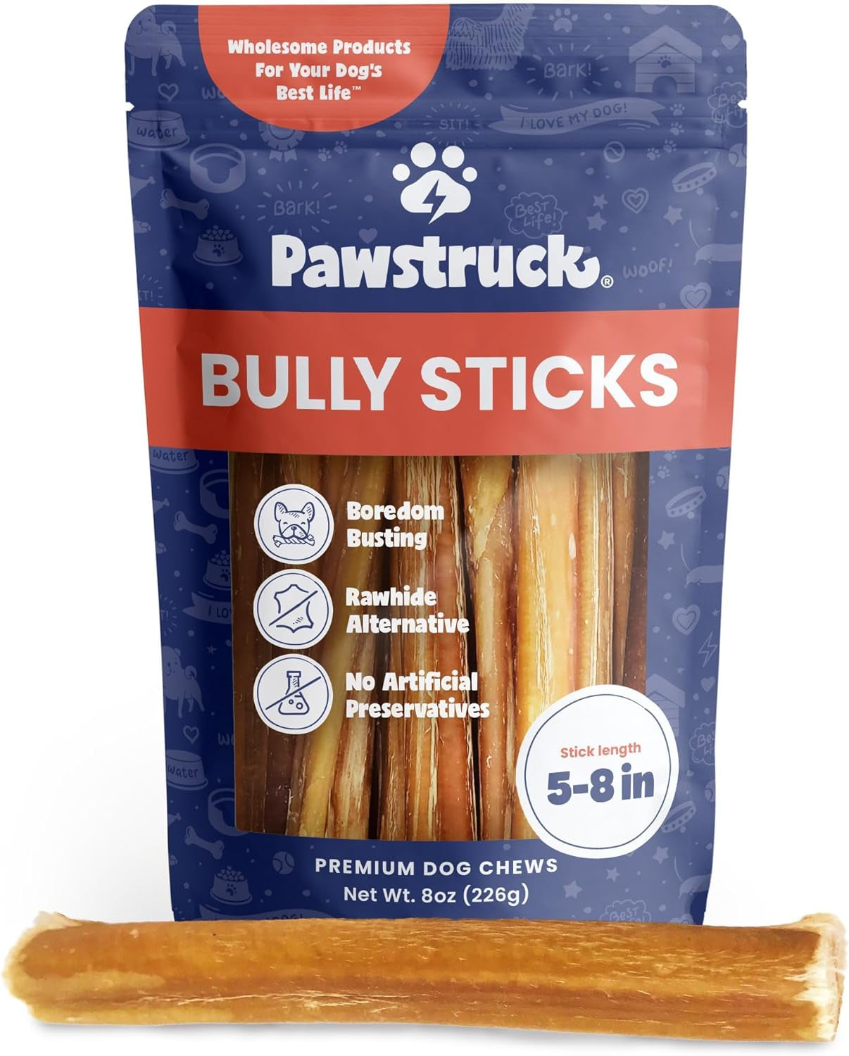 Pawstruck Natural 5-8" Bully Sticks for Dogs - Best Long-Lasting, Rawhide-Free, Low Odor Dental Chew Treat - Healthy Single Ingredient, 100% Real Beef - 8 Oz Bag - Packaging May Vary