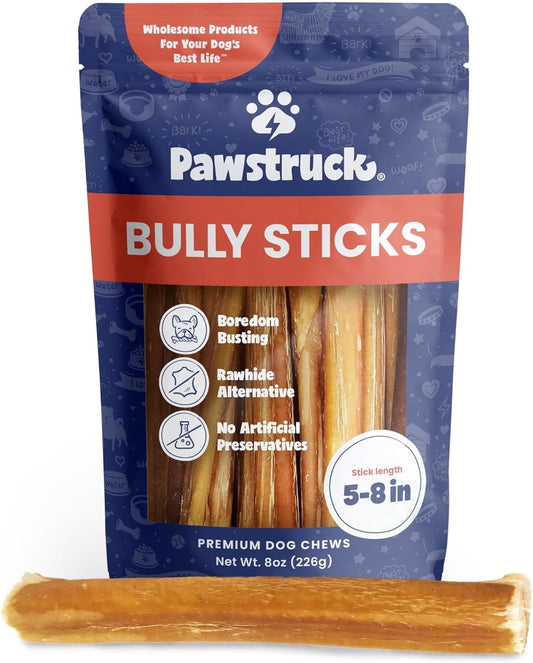 Pawstruck Natural 5-8" Bully Sticks for Dogs - Best Long-Lasting, Rawhide-Free, Low Odor Dental Chew Treat - Healthy Single Ingredient, 100% Real Beef - 8 Oz Bag - Packaging May Vary