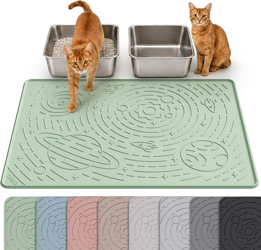 OHMO Large Cat Litter Mat 31.5X23.6" High Raised Edge Silicone, Sage Green