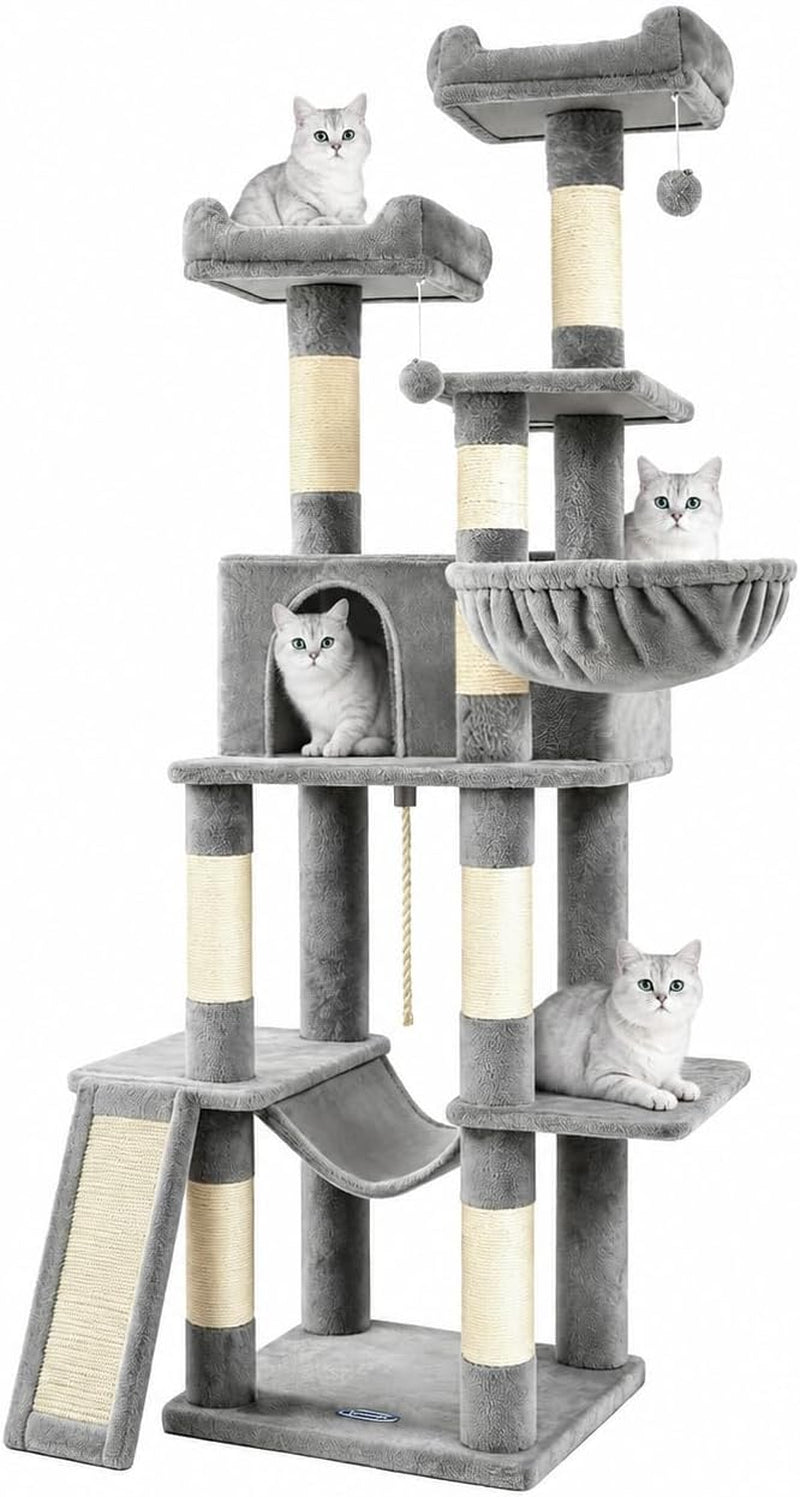 Multi-Level Cat Tree for Large Cats,63 Inches Heavy Duty Cat Tree for Indoor Cat Big Cat Tower with Sisal Scratching Posts Padded Platform, Hammock and Condo