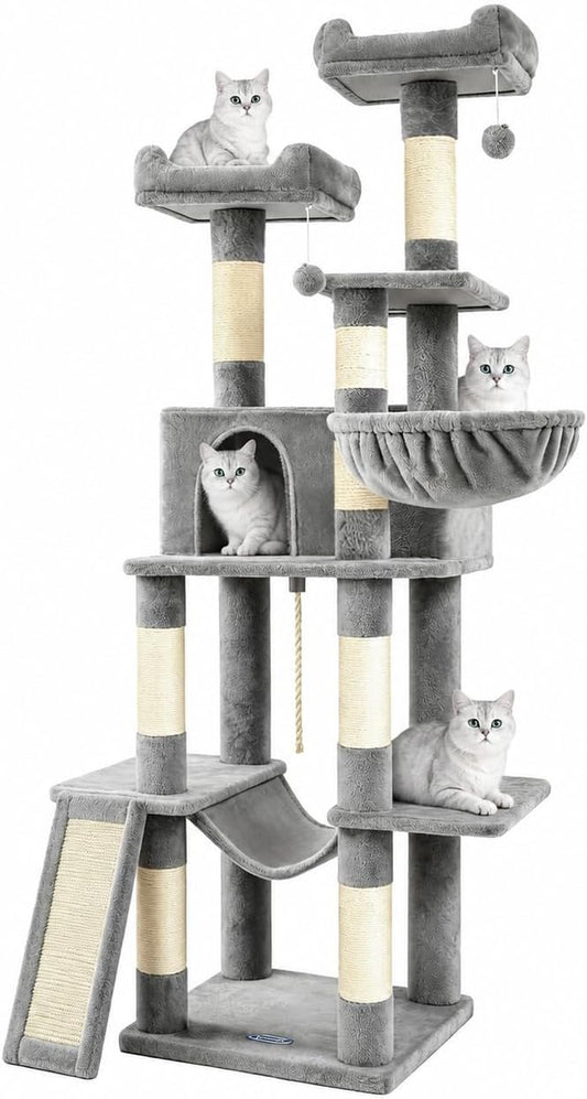 Multi-Level Cat Tree for Large Cats,63 Inches Heavy Duty Cat Tree for Indoor Cat Big Cat Tower with Sisal Scratching Posts Padded Platform, Hammock and Condo