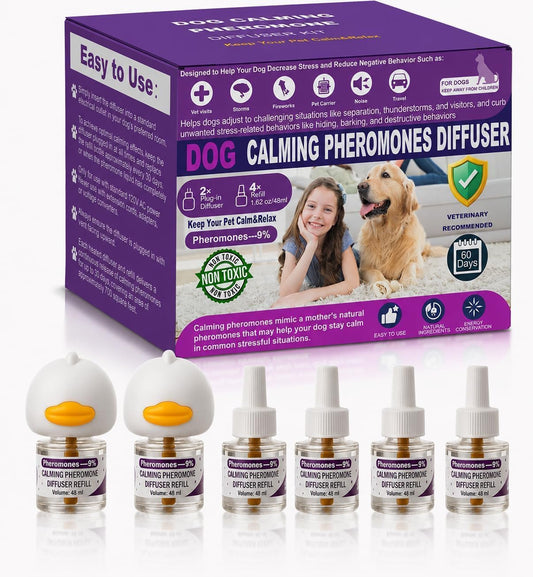 Dog Calming Pheromones Diffuser & 6 in 1 Kit, Dog Pheromone Diffuser Kit to Calm (2 Plug in + 4 X 48Ml Refill) Relaxing Pheromone Diffuser for Dog Reduce Anxiety Fighting Barking Stress 120 Day Supply