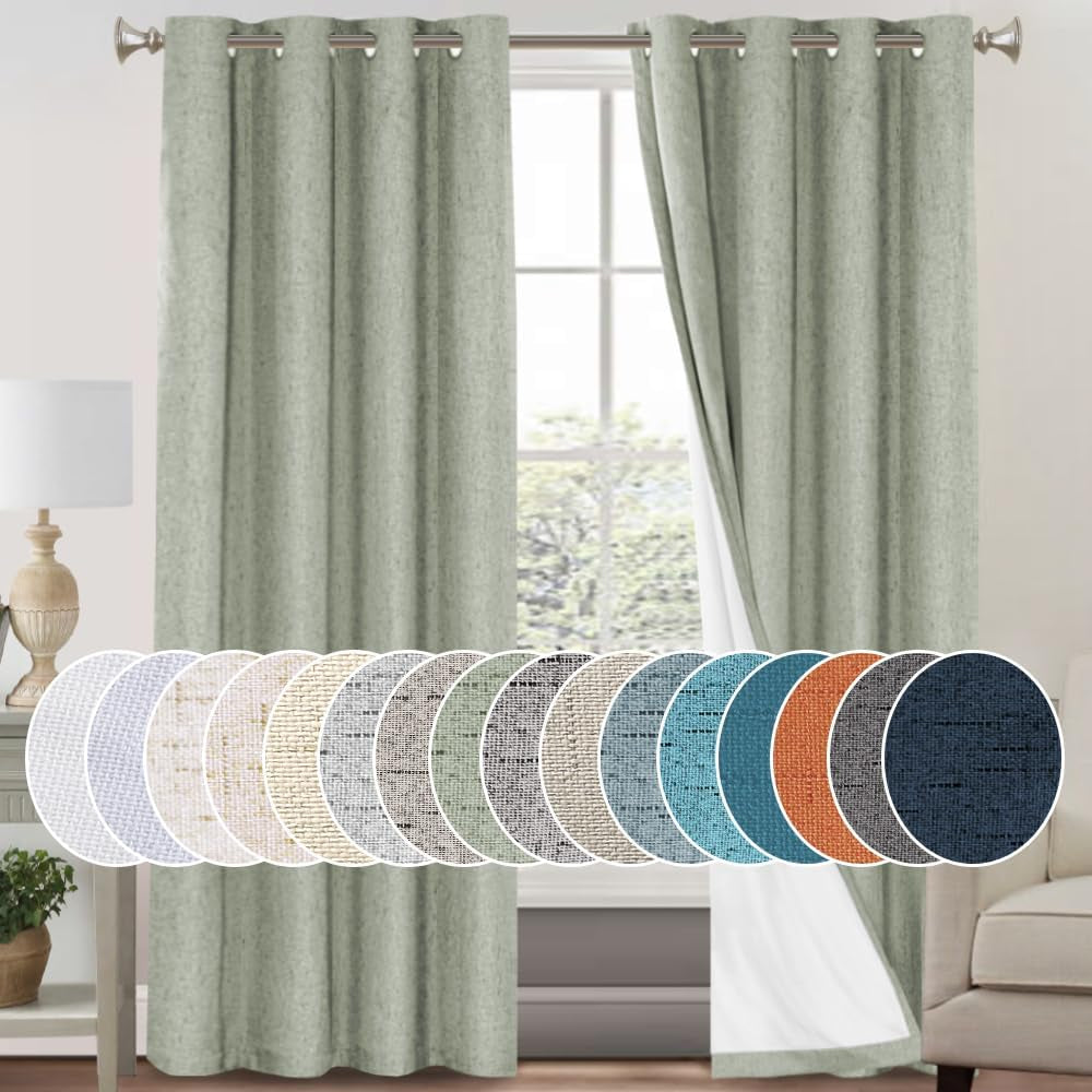 Princedeco 100% Blackout Curtains for Bedroom Window Treatment Thermal Insulated Warm Drapes for Winter Linen Textured Curtains Heat and Full Light Blocking Drapes 2 Panel Sets,Sage,52X84 Inch