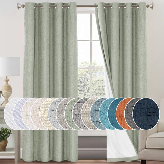 Princedeco 100% Blackout Curtains for Bedroom Window Treatment Thermal Insulated Warm Drapes for Winter Linen Textured Curtains Heat and Full Light Blocking Drapes 2 Panel Sets,Sage,52X84 Inch