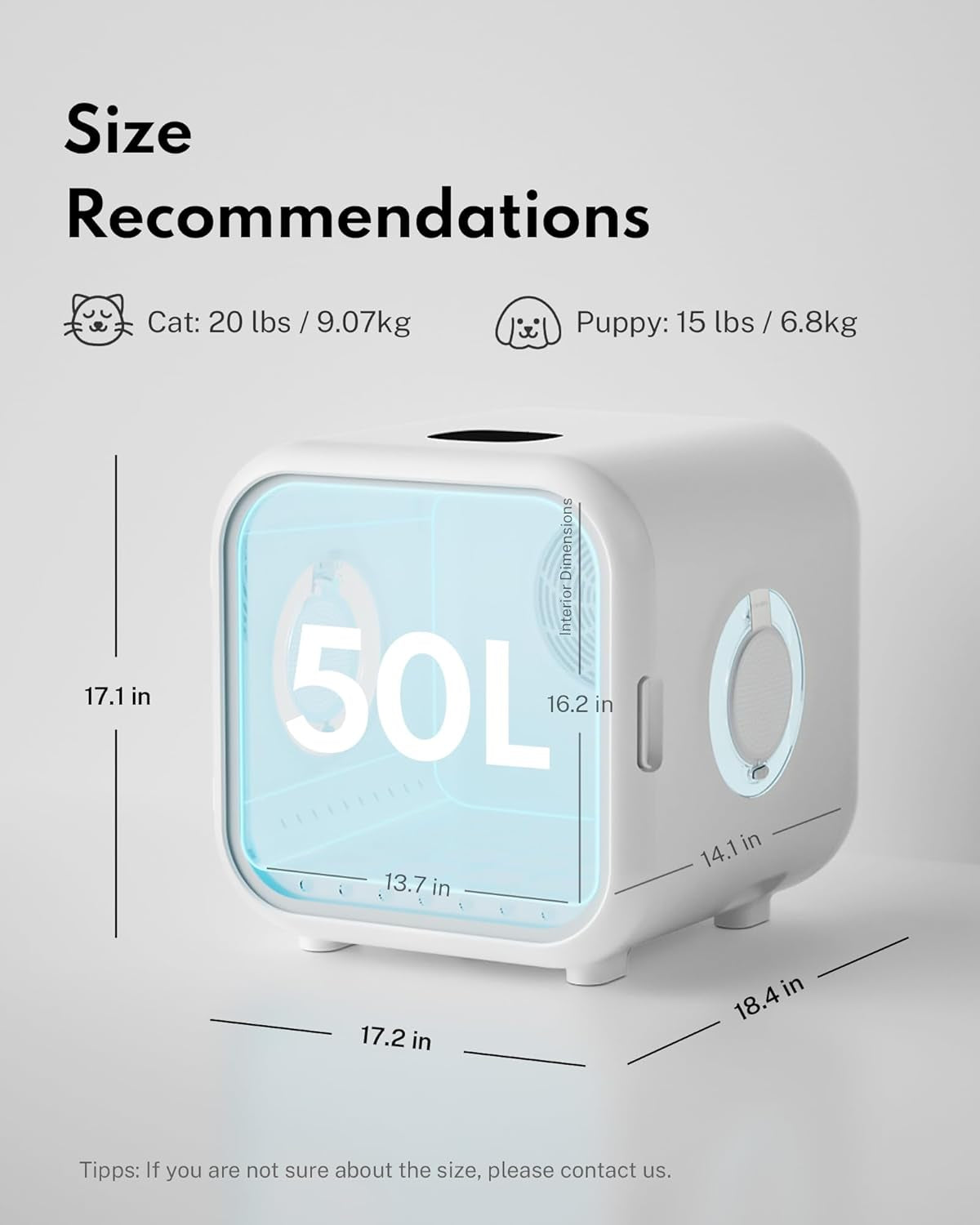 Homerunpet Cat Dryer, Ultra Quiet, Patented Fresh Air Ventilation, Smart Temperature Control, Safe 360° Even Drying Pet Dryer Box for Cats & Small Dogs (50L Drybo Plus)