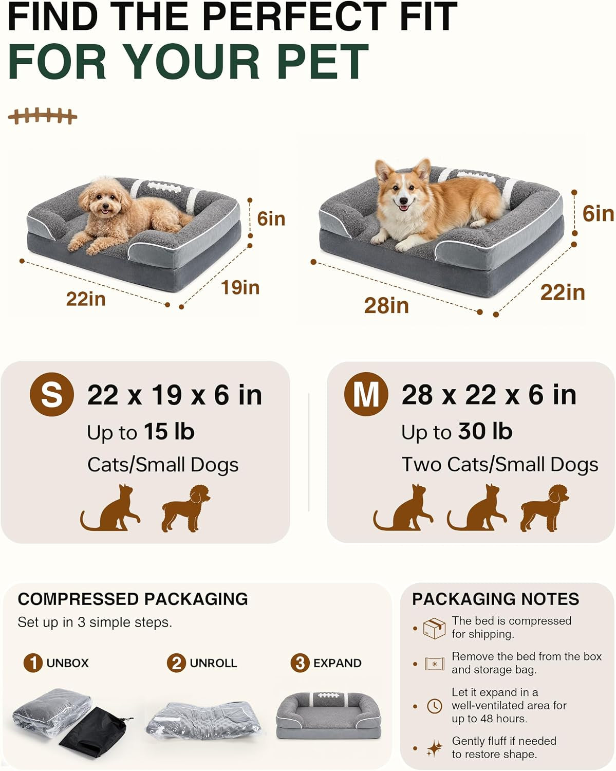 Orthopedic Dog Bed 28X22Inch,Egg Crate Foam Pet Bed with Removable Bolsters for Small Dogs & Cats up to 30Lbs,Fully Detachable Design& Non-Slip Bottom (Grey, Size M)