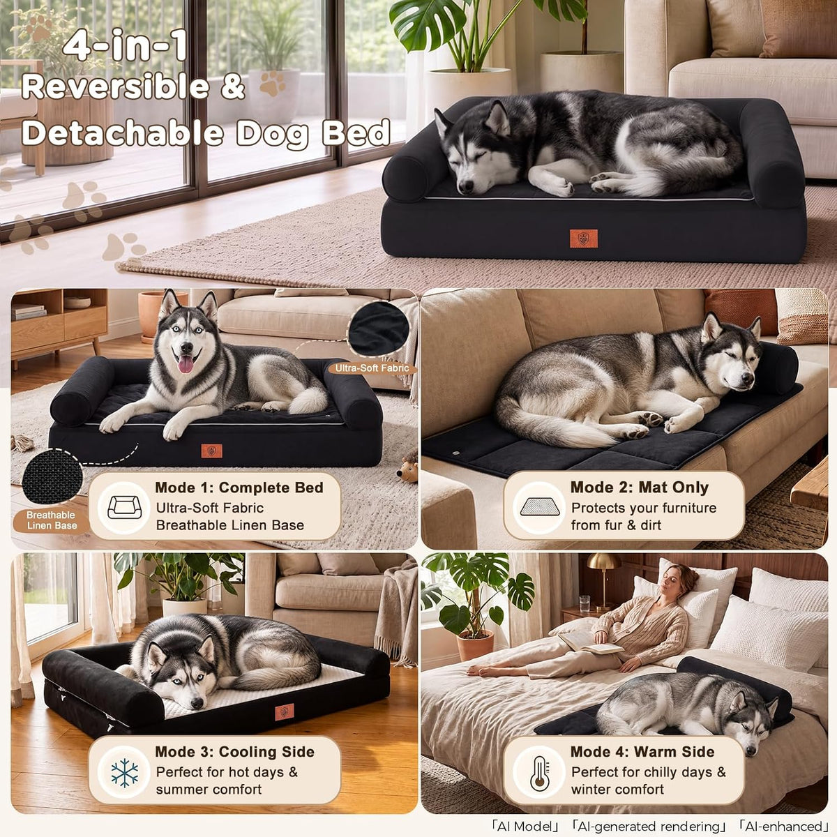 GTPLAYER Dog Bed, Egg-Crate Foam Pressure Relief with Waterproof Washable Pet Bed 43" with 2-In-1 Cooling/Warming Pad, Non-Slip Bottom, Detachable Pillows, Ideal for All Dogs