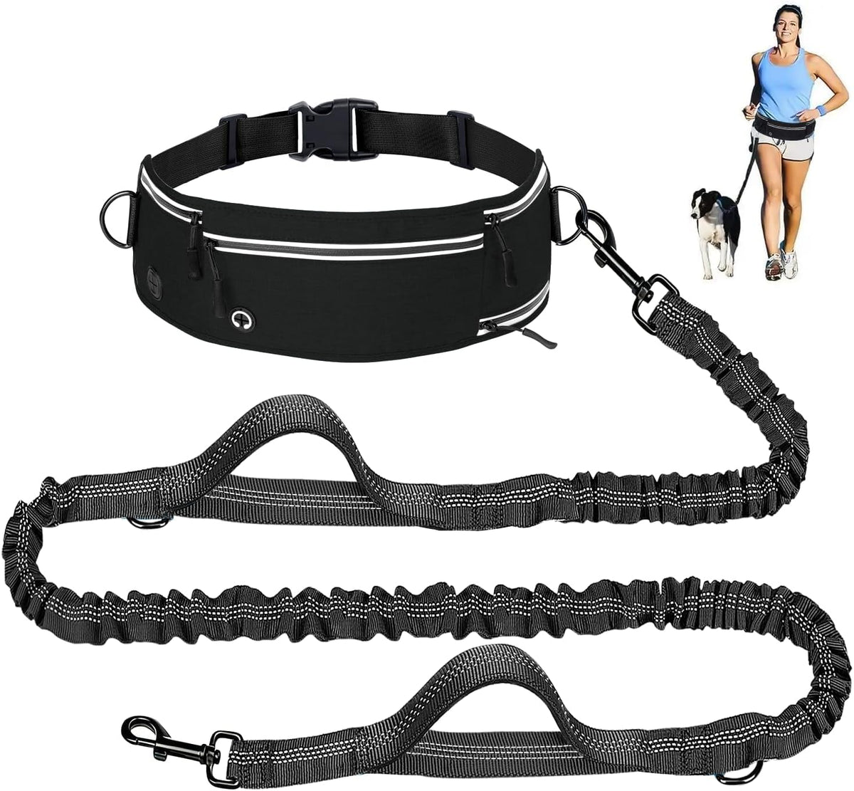 Hands Free Dog Leash with Partitioned Pouch Adjustable Waist Belt, Waist Leash for Dog Walking Running, Dual Handles, for Medium/Large Dogs