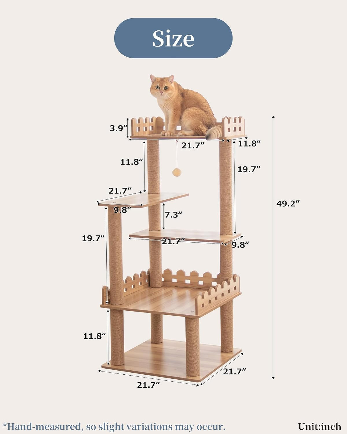 Wood Cat Tree for Indoor Cats, 49 Inch Cats Furniture Tower with Large Platforms, Full Sisal Scratching Posts, Water Proof Surface