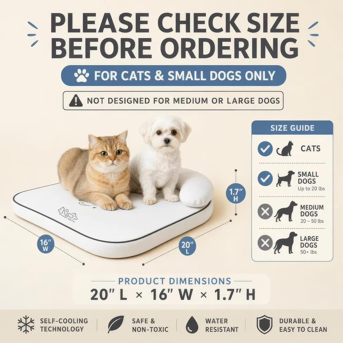 Nona Pelona Self Cooling Cat Mat with Headrest Pillow, 20 X 16 Inch – Cool-Touch Ice Fabric Pad for Cats and Small Dogs – No Gel, No Water, Washable Cover, Anti-Slip Base