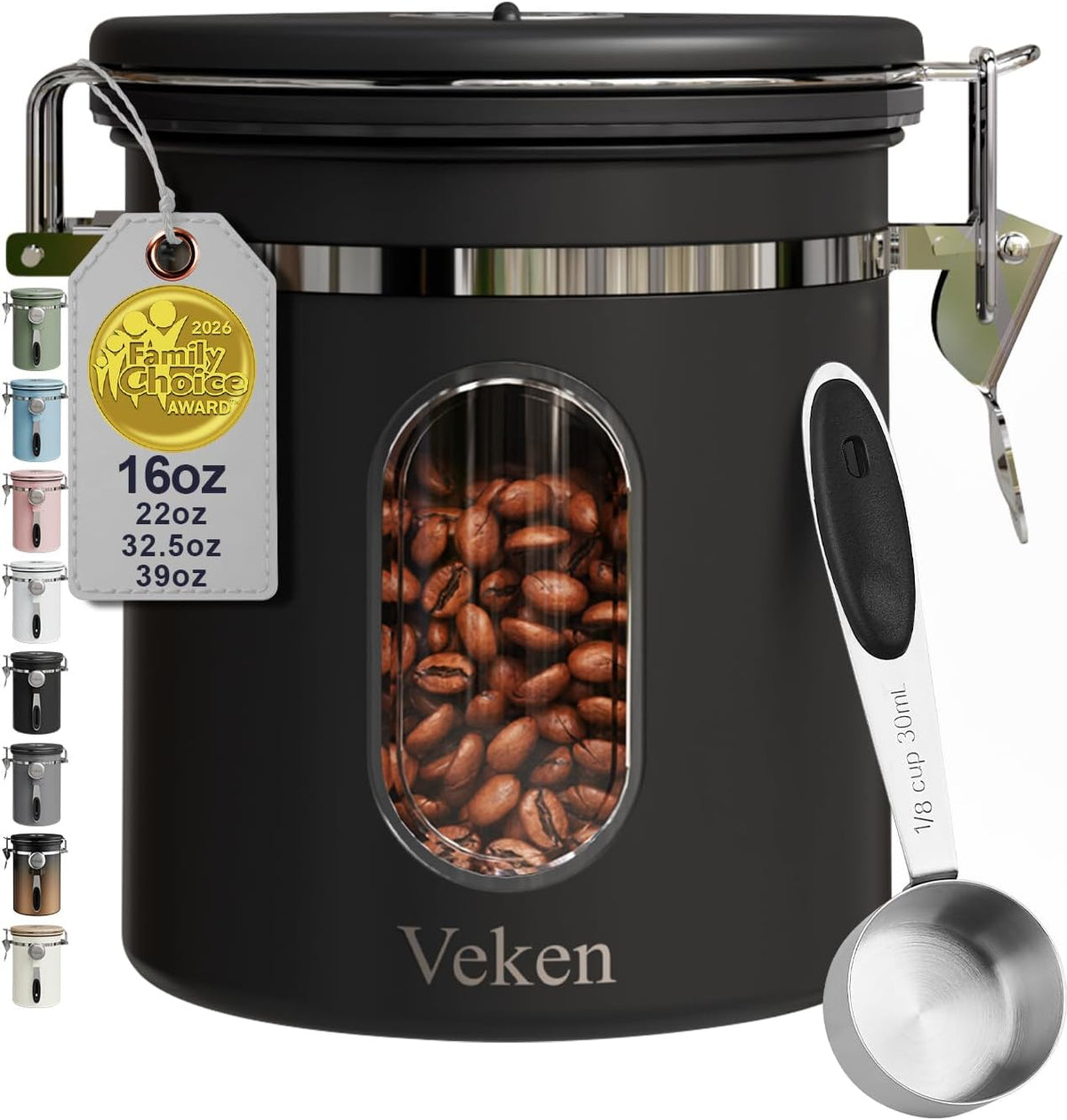 Veken Coffee Canister with Window,Airtight Stainless Steel Compact Jar,16Oz