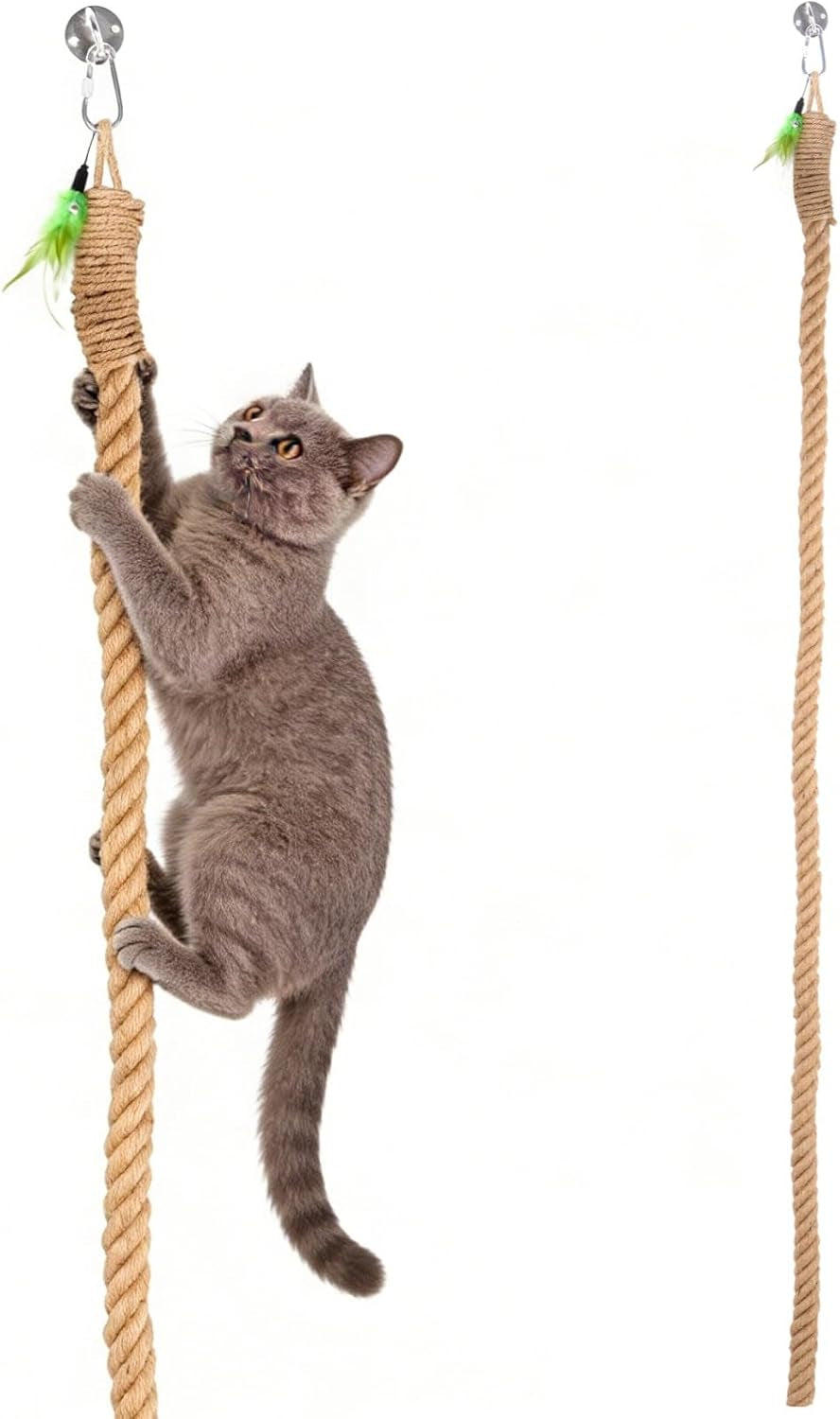 6.5 Ft Natural Cat Climbing Rope, Teaser Feather, Snap Hook, Ceiling Wall Mounted Rope for Indoor and Outdoor, Cat Scratching Playing Rope