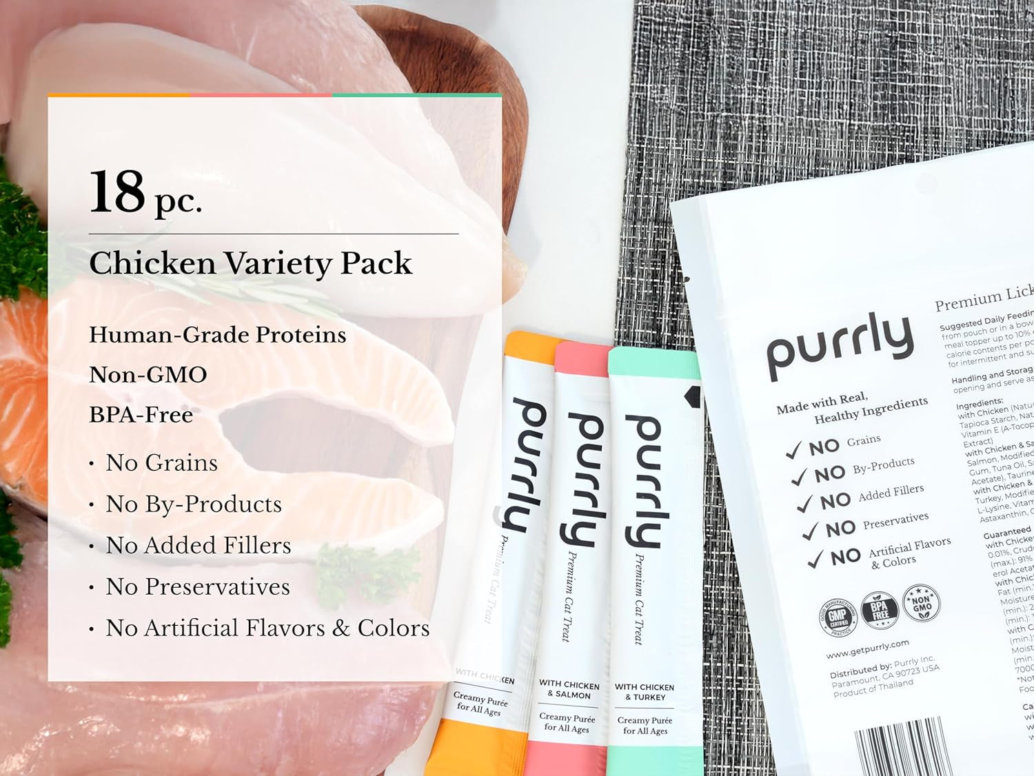 Purrly Lickable Wet Cat Treats Healthy Grain-Free Chicken Variety Pack (18 Count) Squeezable Creamy Purée with Human-Grade Protein Functional Nutrients Non-Gmo No-Artificial-Additives Low-Phosphorus