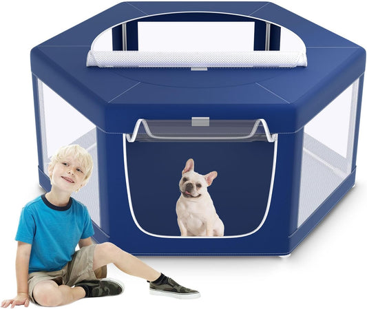XVISHX 45X45 Inches Hexagonal Type Puppy Playpen, Dog Playpen for Puppies or Small Dogs, Dogfence Pet Playpen for Indoor & Outdoor, Sturdy Safety Dog Pen with Thickened Fabric, Breathable Mesh