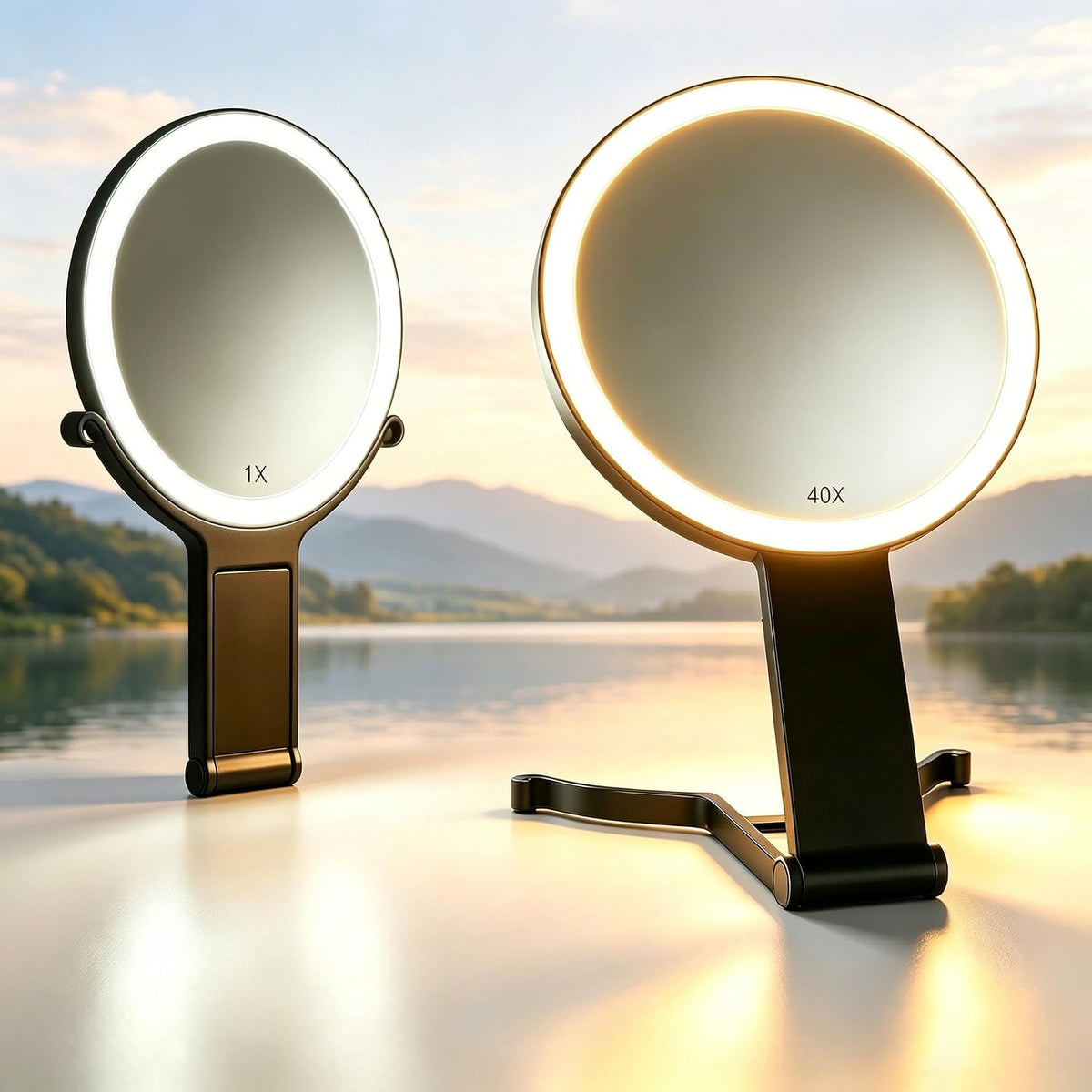 Travel Makeup Mirror with Lights & Foldable Stand, 6" Double Sided 1X/40X Magnifying Portable Lighted Hand Mirror for Men Women, 1X Full Face & 40X POWERFUL Magnification Only for Details Checking