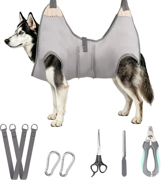 ATESON Dog Grooming Hammock Harness for Dogs, Adjustable Zipper Design Fits Two Sizes, Reinforced 4-Corner Dog Grooming Sling for Nail Trimming, Ear Cleaning & Grooming L
