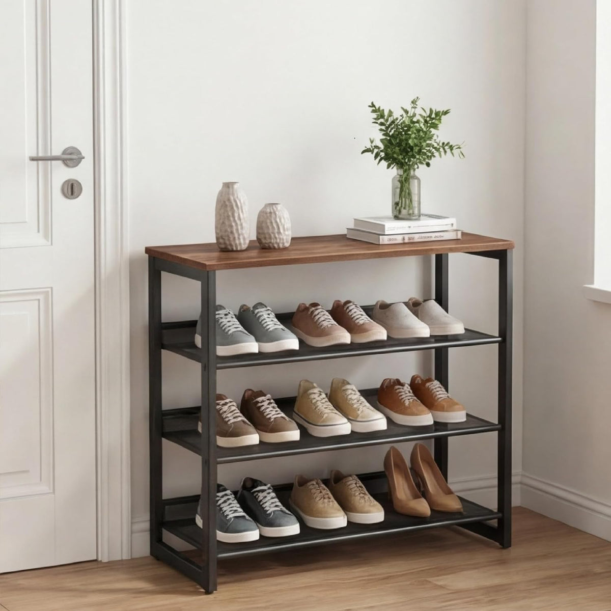 Garden 4 You Shoe Rack for Entryway 4 Tiers 11.8" D X 25" W X 28" H, Metal Shoe Rocks with Brown Wooden Tabletop, Angled Shoes Rack with Adjustable Mesh Shelves for Entryway Hallway Closet