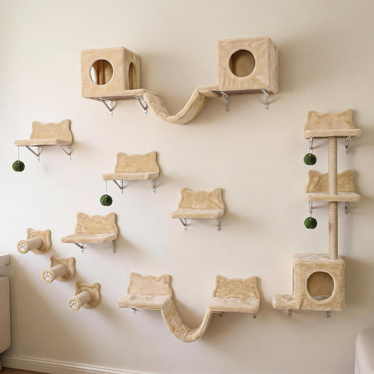 18-In-1 Wall-Mounted Cat Shelves Set – Beige Climbing Perch, Steps & Play Bridge for Indoor Cats – Beige