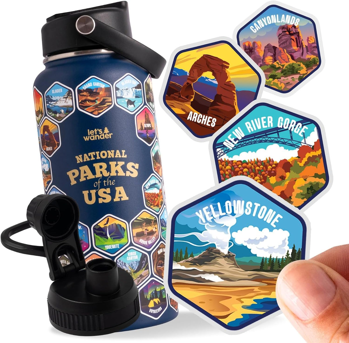 LET'S WANDER National Parks Water Bottle Bundle with 63 Stunning Stickers