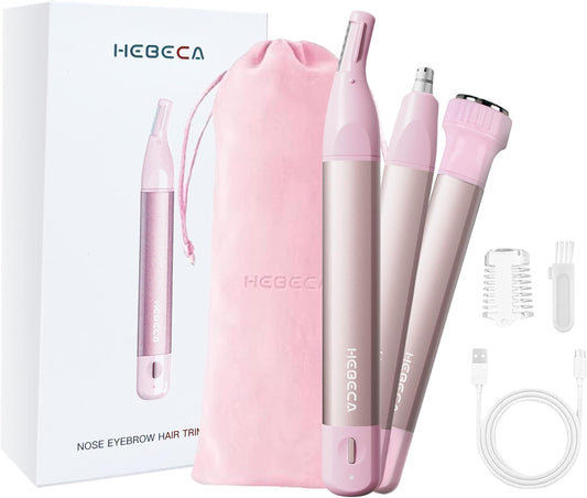 HEBECA Nose Hair Trimmer for Women 3In1 Facial Hair Removal Trimmer - Metal Body, Rechargeable, Waterproof, Portable - Nose, Ear, Eyebrow, Peach-Fuzz, Lips, Chin (Pink)