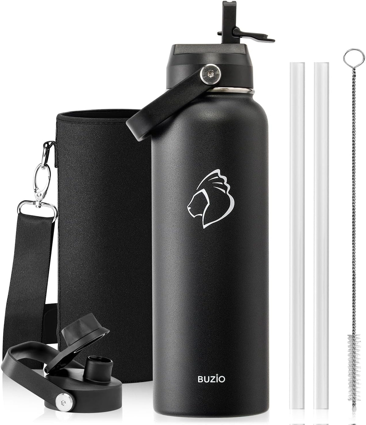BUZIO Triple Wall Vacuum Water Bottle with Dust-Proof Straw & Spout Lids