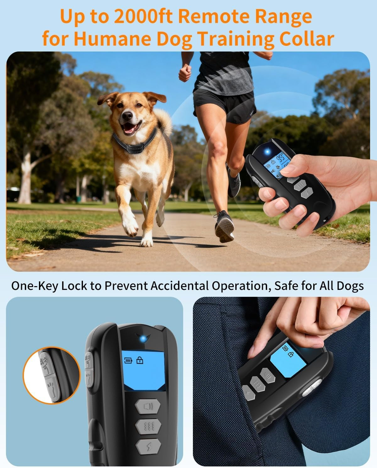 Dog Shock Collar with Remote Control – Shock Collar for Dogs 10–120 Lbs, 2000FT Long Range IPX7 Waterproof Rechargeable Dog Training Collar with 4 Safe Modes Beep Vibration Shock & Flashlight Bk