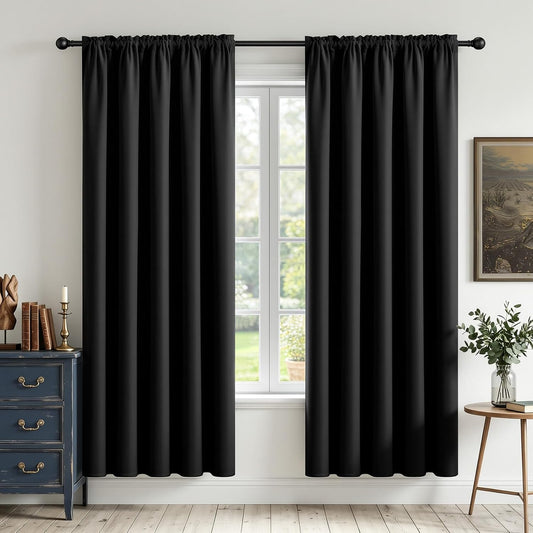 CUCRAF Black Blackout Curtains 63 Inch Length 2 Panels Set, Rod Pocket Room Darkening Drapes for Bedroom Living Room, Insulated Thermal Light Blocking Window Curtain (W52 X L63 Inch)