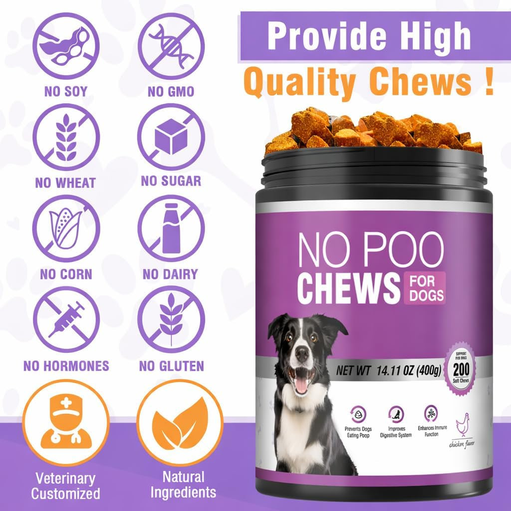 200 Chews No Poo Chews-No Poop Eating Deterrent for Dog-Coprophagia Deterrent for Dogs-Prevent Stop Dogs from Eating Poop Supplement with Digestive Enzymes&Probiotics-Breath Freshener-Chicken