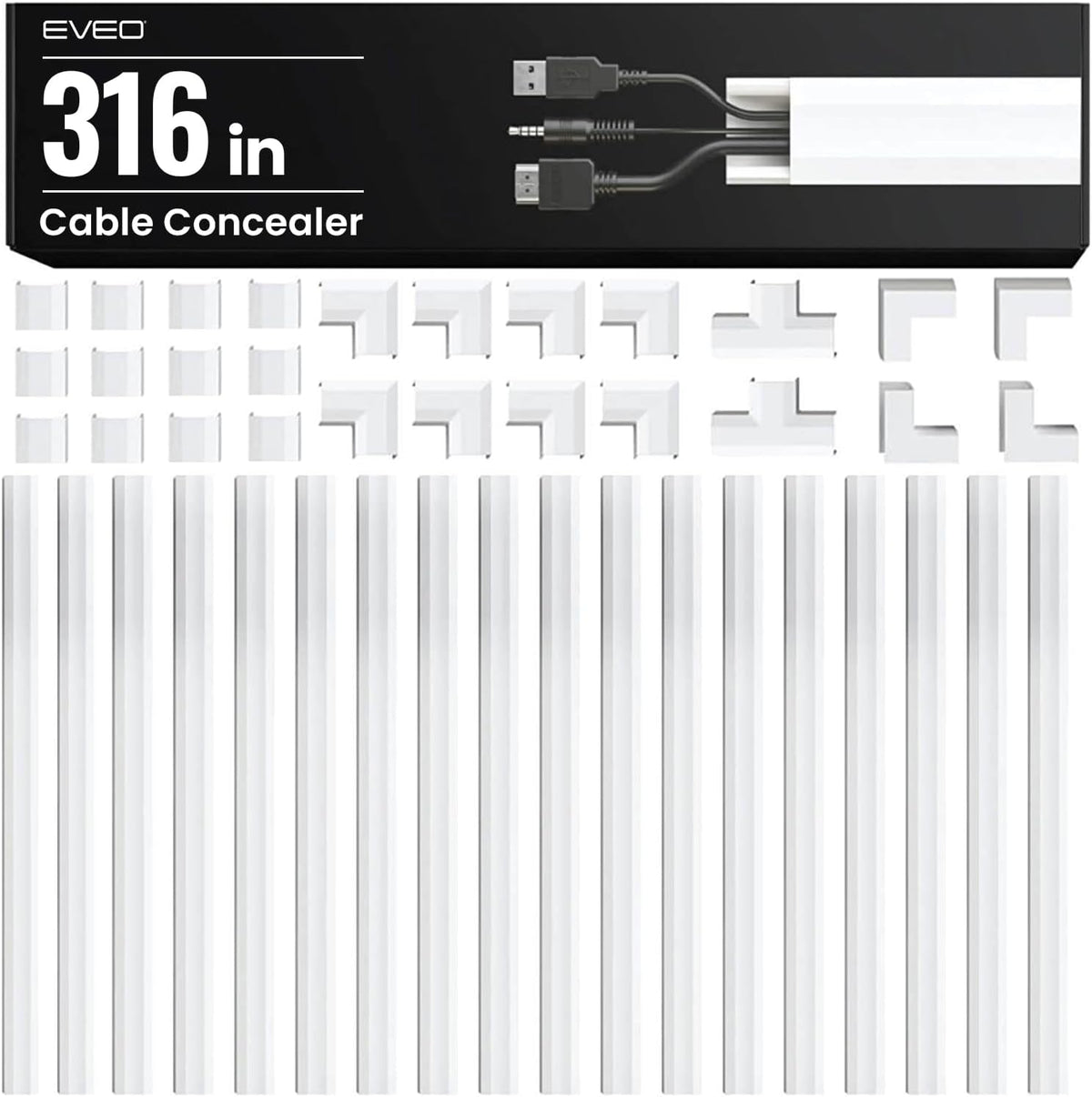 EVEO Cable Hider Wall 306” - Cable Raceway Cord Hider - Wire Covers for Cords on Wall, Cord Cover, Wall Cable Hider, Cable Concealer, Wire Hiders for TV on Wall Management-20X (L16 W0.95 H0.5) - White