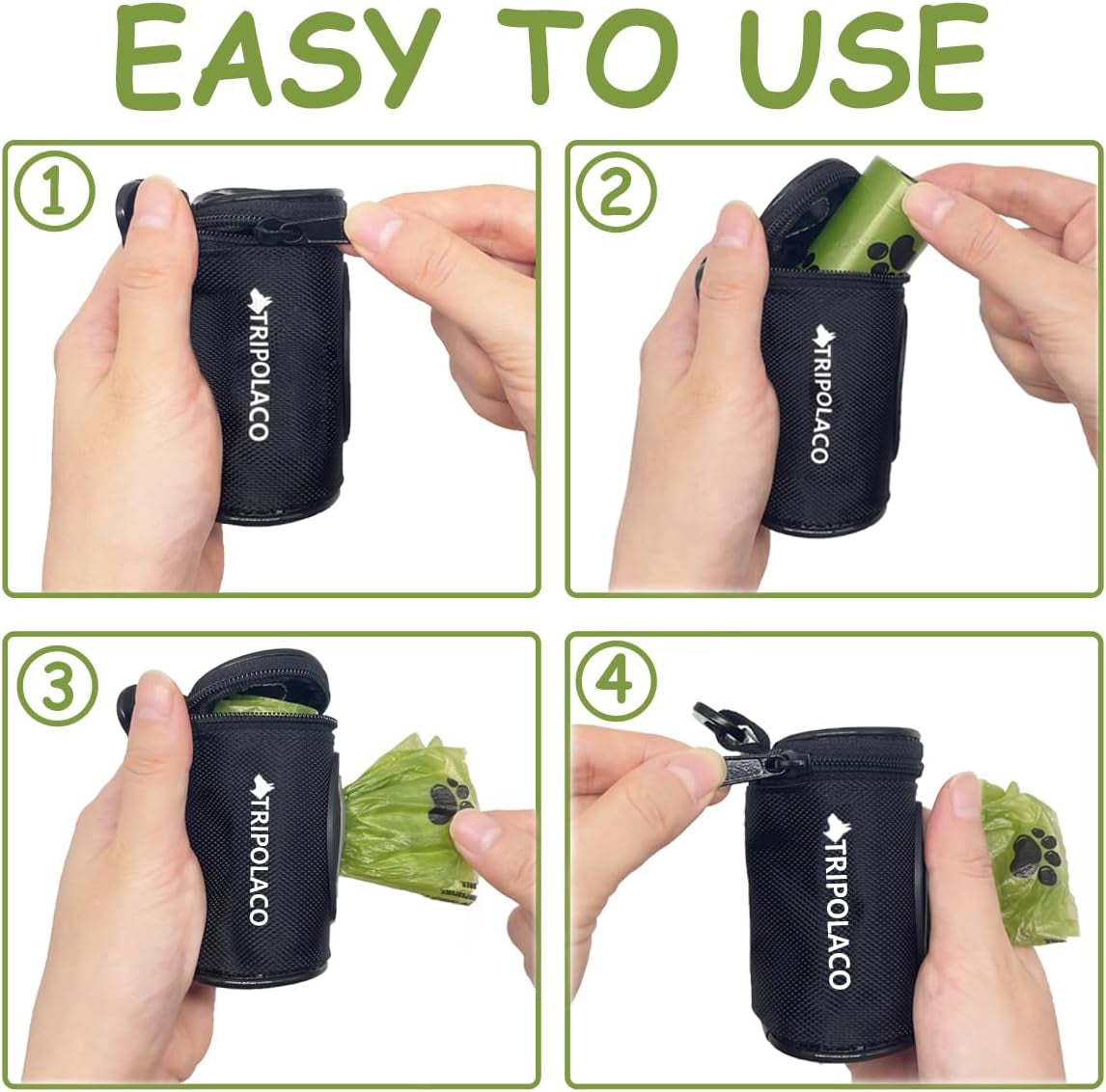 Dog Poop Bag Holder for Leash, Easy Release Doggie Poop Bag Dispenser, Fits Most Standard Poo Bags, Soft Fabric Dog Waste Bag Holder with Carabiner Clip, Compatible with All Leashes, Black