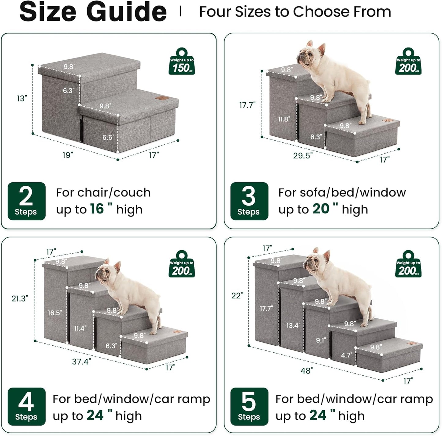 Love'S Cabin Dog Stairs for High Bed 18" H, Foldable Pet Stairs for Small Medium or Large Dogs Puppy with Storage for Bed or Couch, Cat Dog Steps Ramp with Zip up to 200 Lbs, Solid Grey, 3 Steps
