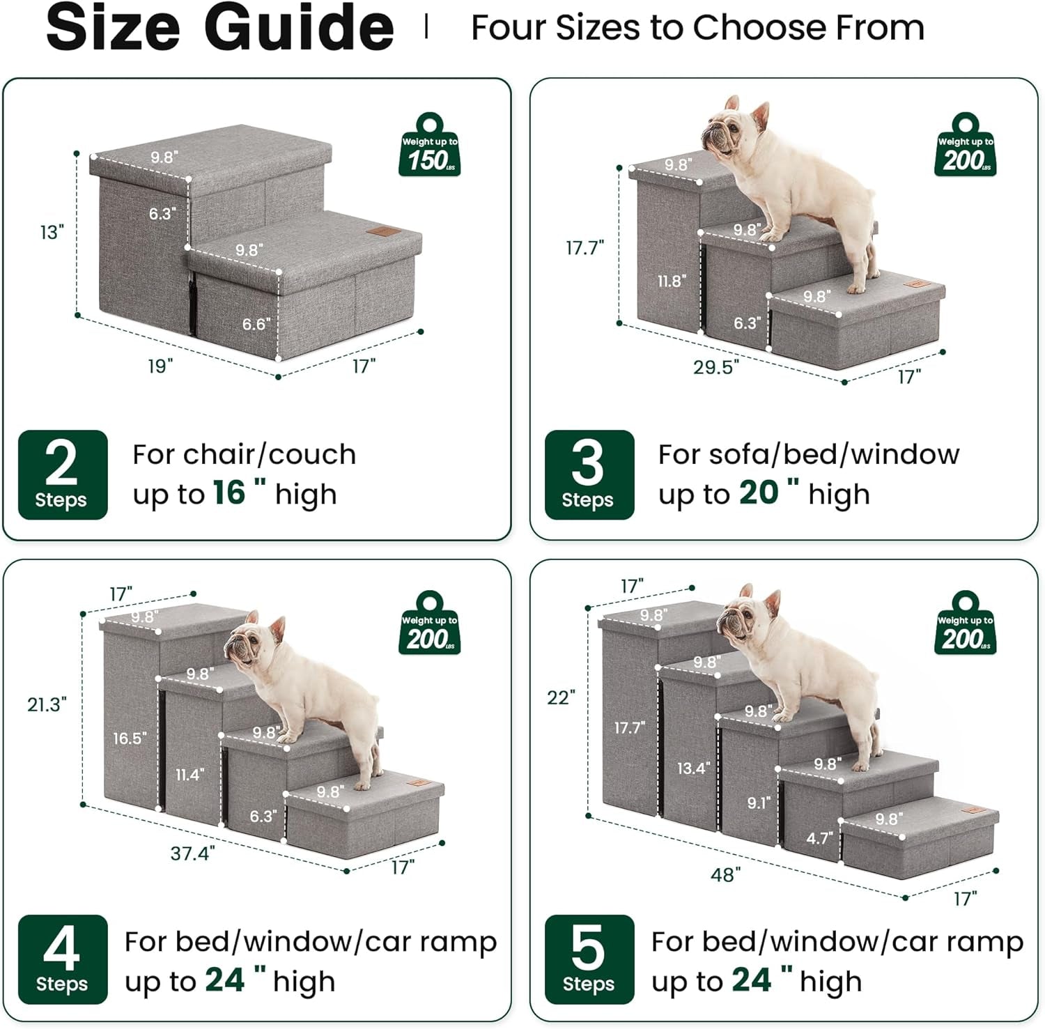 Love'S Cabin Dog Stairs for High Bed 18" H, Foldable Pet Stairs for Small Medium or Large Dogs Puppy with Storage for Bed or Couch, Cat Dog Steps Ramp with Zip up to 200 Lbs, Solid Grey, 3 Steps