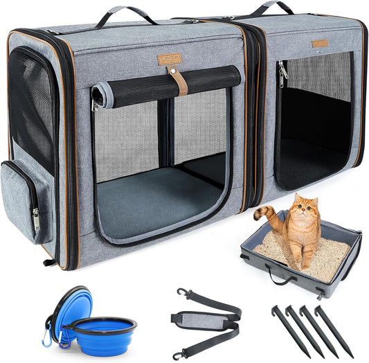 Lekereise Soft-Sided Large Cat Carrier for 2 Cats with Litter Box, 2-In-1 Double Travel Carrier for Moving & Long Road Trips, Zipper Locks Escape Proof, (17.7" X2) X16.5"X13" - Grey