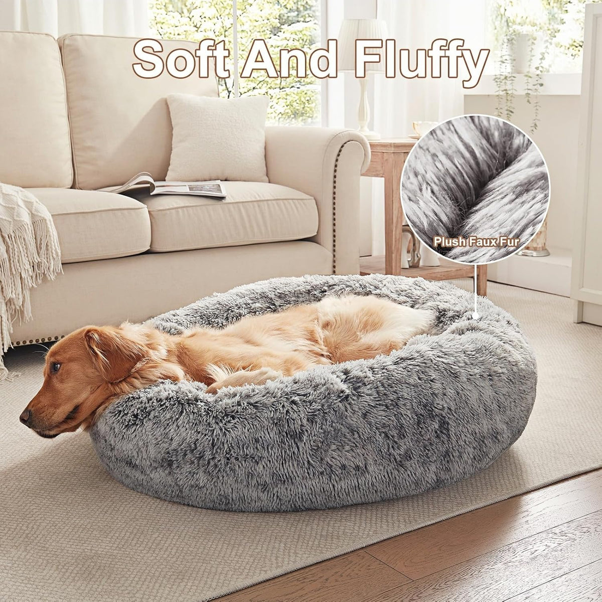 36 Inches Faux Fur Fluffy Donut Dog Bed for Large Dogs,Dark Grey