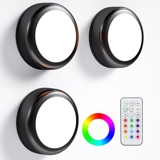 LED Puck Lights with Remote, 13-Color under Cabinet Lighting Wireless, Battery Operated Stick-On Lights, Dimmable Push Light for Closet/Shelf/Wall (Black-3 Pack)