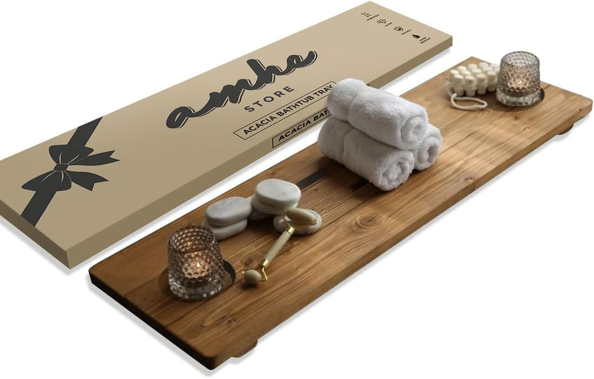 Amhe Store! Luxury Rustic Acacia Wood. Durable, Water-Resistant, Minimalistic, Adjustable 35X9 Inches. Lovely Gift - Box. Bath Tub Tray Wood - Bath Tray for Tub. Unique Natural Grain for Relaxation