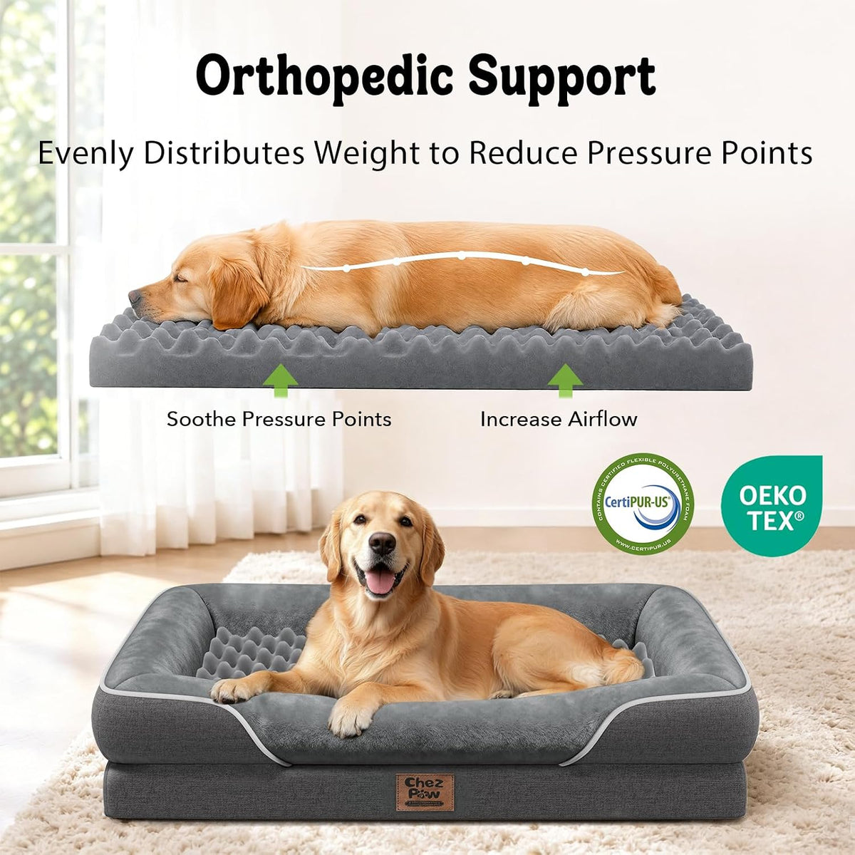 Chez Paw Waterproof Orthopedic Dog Bed for Large and Extra Large Dogs