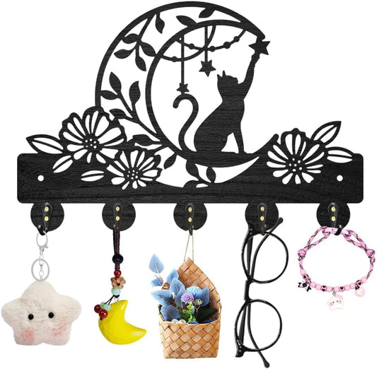 MAYJOYDIY Cat Moon Flower Coat Rack Wall Mount Black Animal Wood Key Hanger