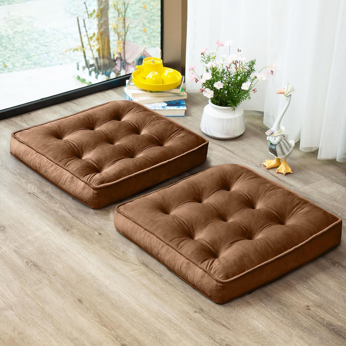 1 MIDDLE ONE Floor Pillow Set of 2, Memory Foam Meditation Cushion, Floor Cushions for Adults Sitting, Large Square Seat Cushions for Yoga, Couch, Sofa, Kids, Living Room, 20X20 Inch (Brown)