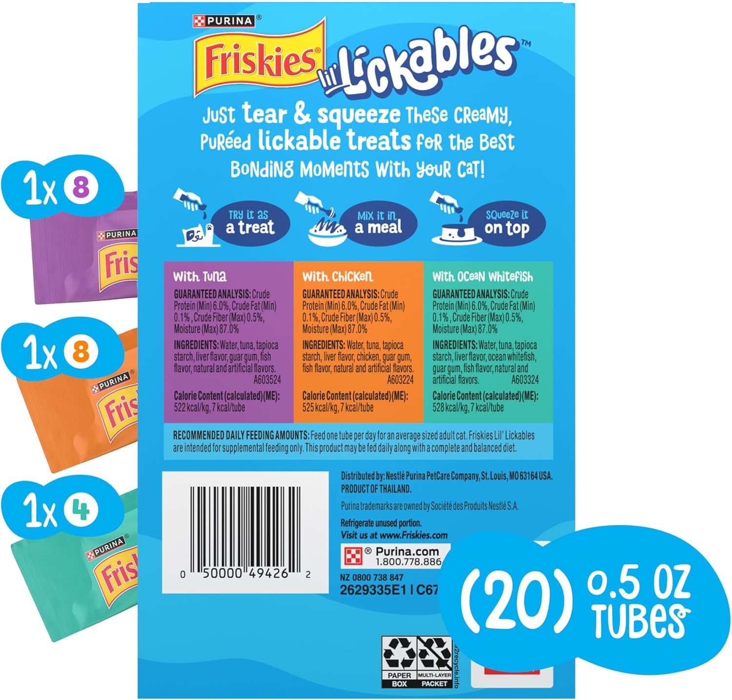 Purina Friskies Lil’ Lickables with Chicken, with Tuna or with Ocean Whitefish Variety Pack Lickable Cat Treats - 10 Oz. (Pack of 20)