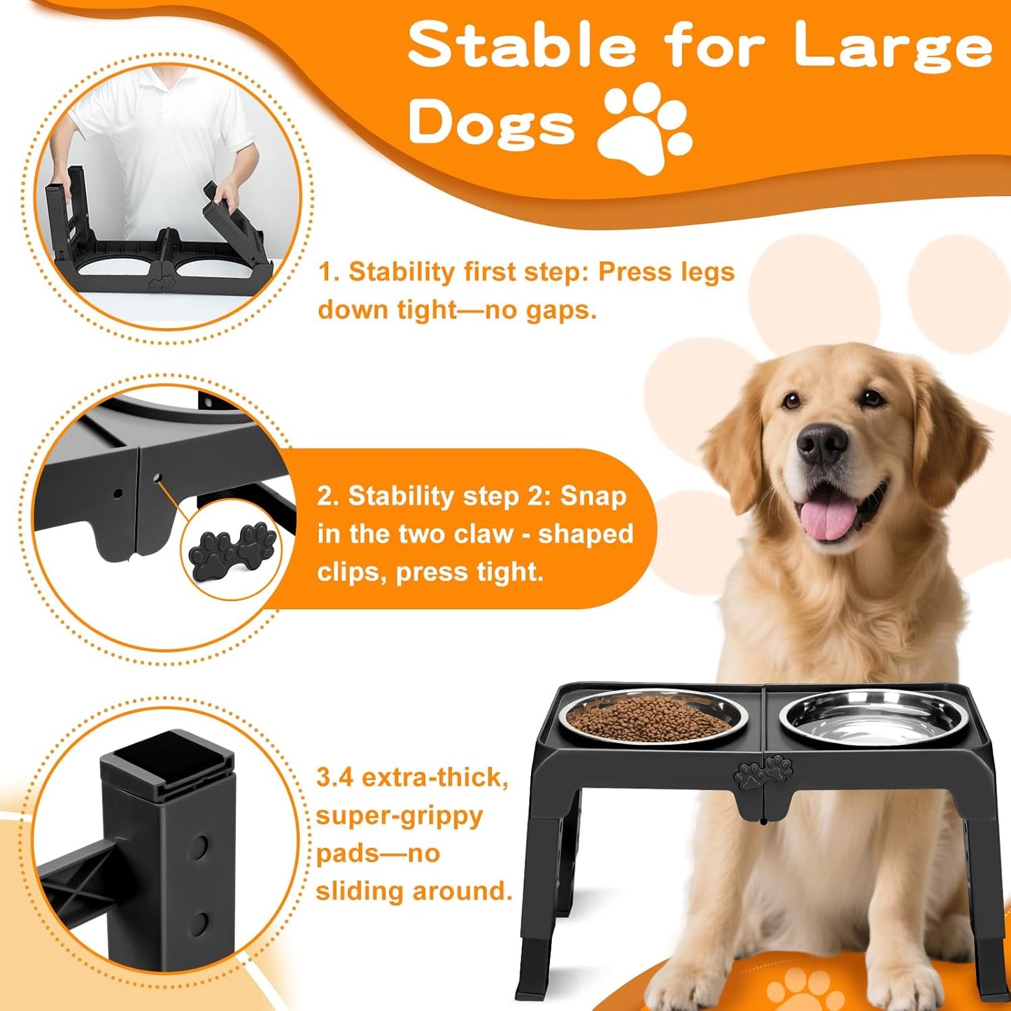 Elevated Dog Bowls for Large Dogs 5 Adjustable Heights 7.5"-15.4", 2 X-Large 10” Stainless Steel Bowls, Heavy Duty Raised Dog Bowl Stand Foldable Pet Feeder for Dogs Shoulder Height over 15”, Black