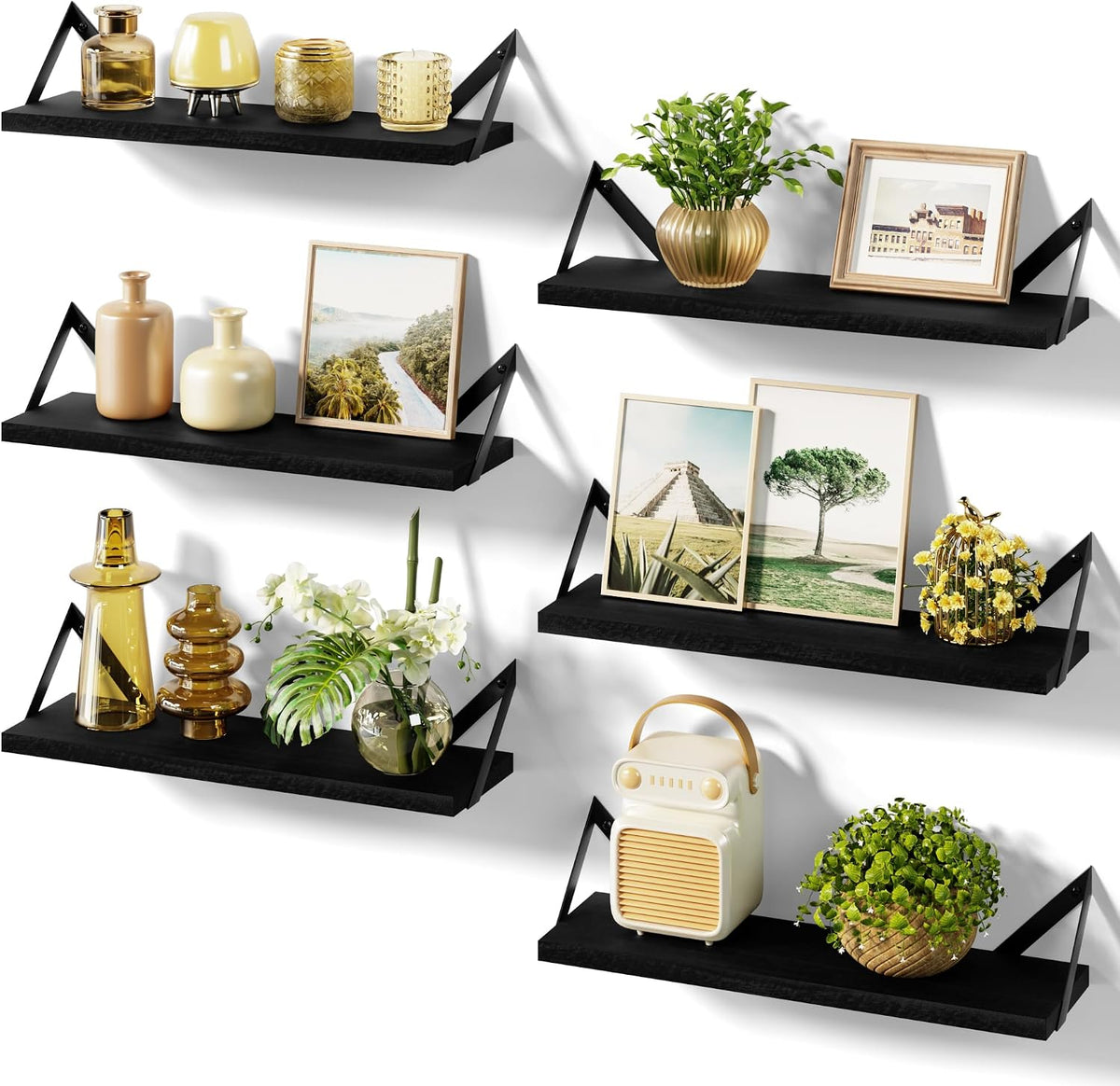 SRIWATANA Black Floating Shelves, 6-Piece Set Wood Wall Storage Unit
