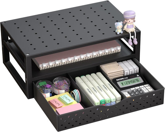 WALI Desk Organizer with Drawer，Computer Monitor Stand with Storage, Desk Organizers and Accessories for Computer, Printer, Laptop Riser for Home Office Supplies, (PTT005-B), 1 Pack, Black