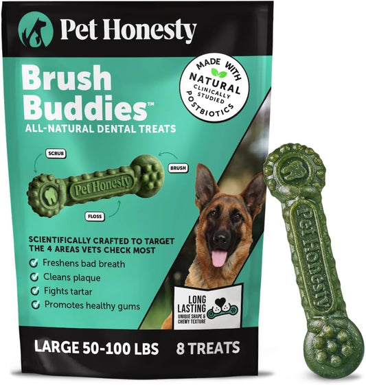 Pet Honesty Brush Buddies All Natural Dog Dental Treats for Dogs – Long Lasting Dental Sticks for Dogs, Teeth Cleaner, Breath Freshener, Plaque & Tartar Remover – Large Sized Dogs (8 Count)